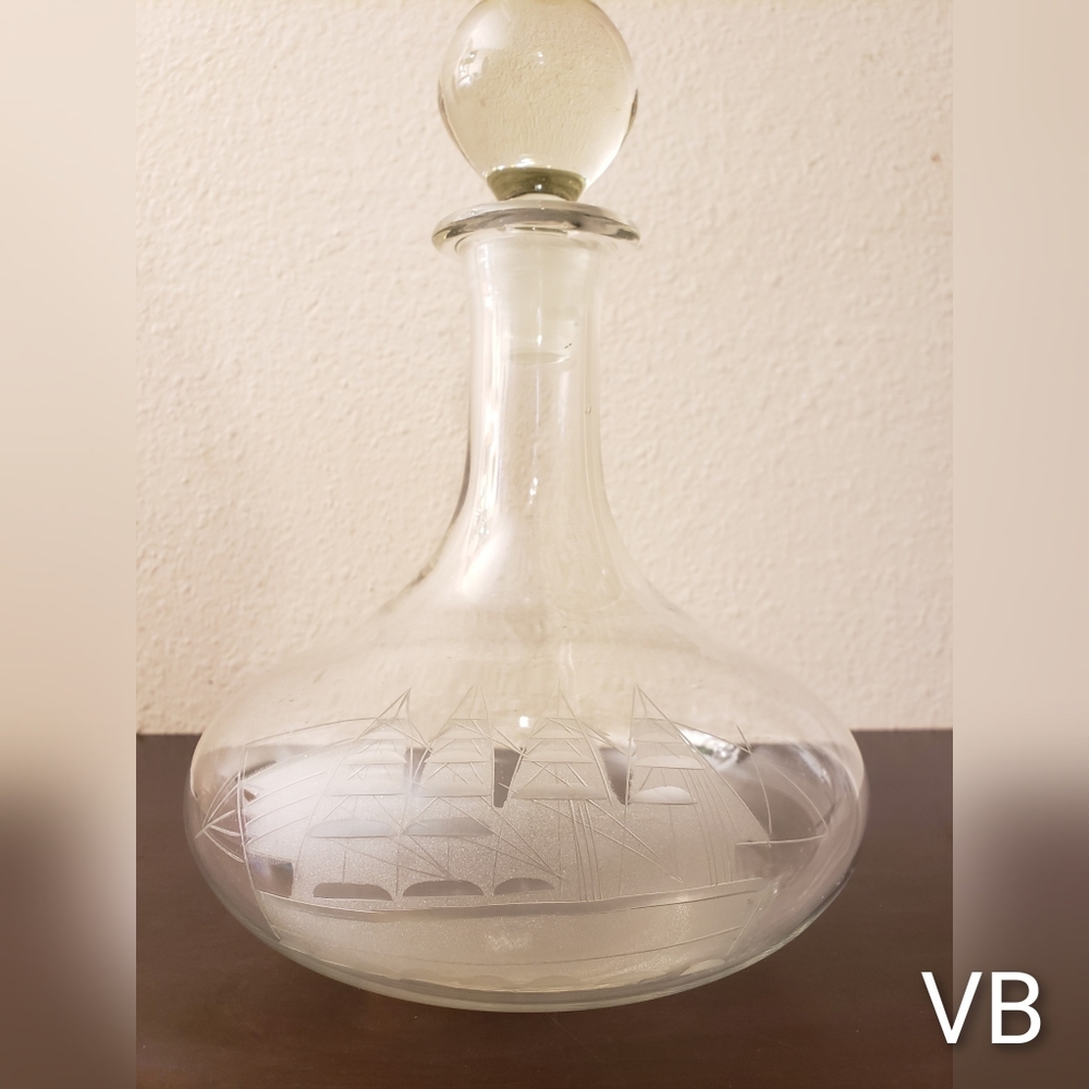 Vintage Toscany Etched Glass Clipper Ship Decanter
